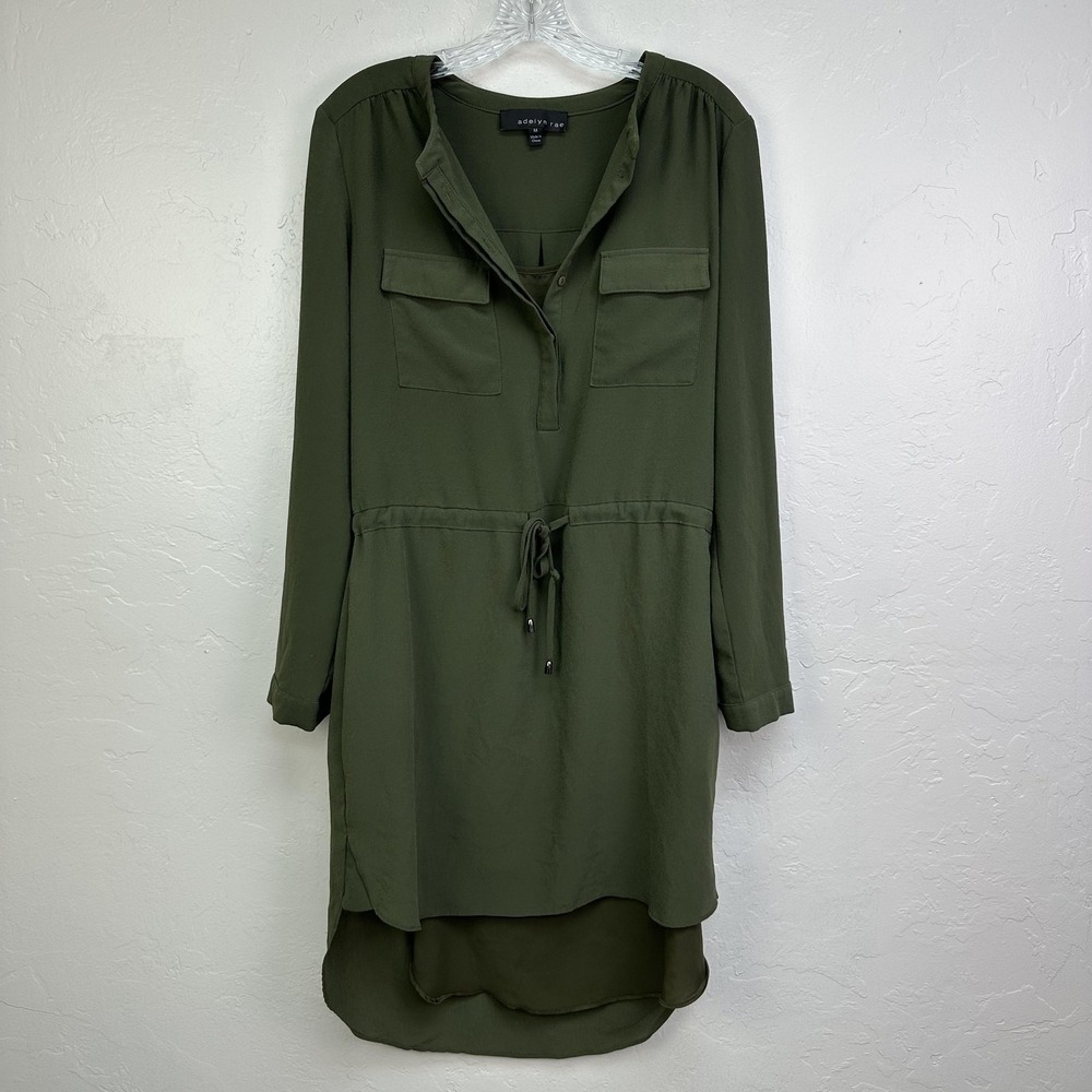 Adelyn Rae Dress Womens Medium Olive Green Shirt Dress Drawstring Hi-Low Hem‎